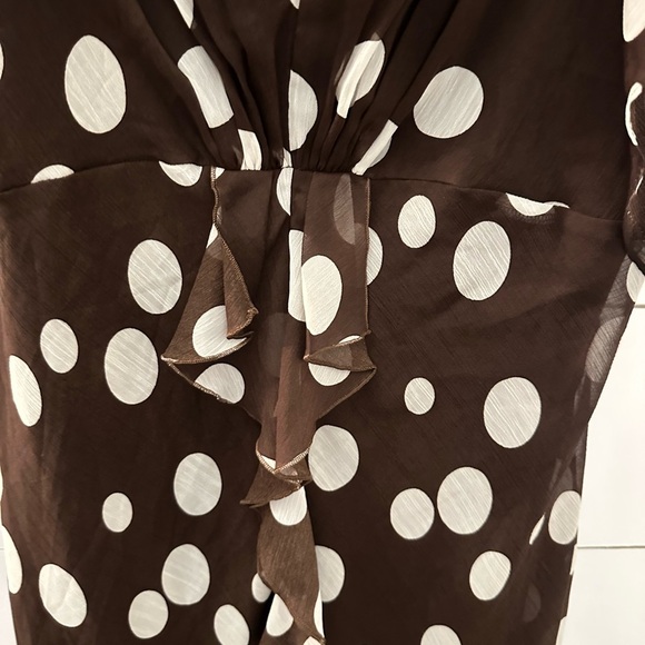 VINTAGE Y2K 90's MSK chocolate Brown polka dot  flutter sleeve poly midi dress - Picture 5 of 11